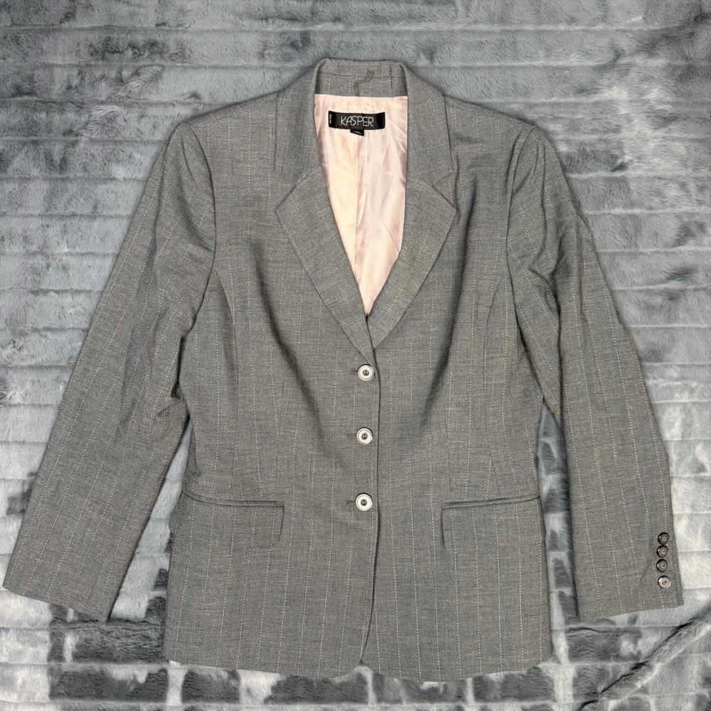 Kasper Womens Grey Pinstripe Three Button Blazer Jacket Petite 12P Professional